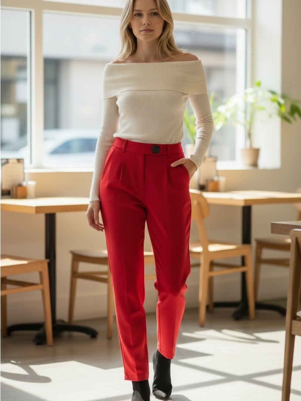 Zara Red Straight-Leg Tailored Pants